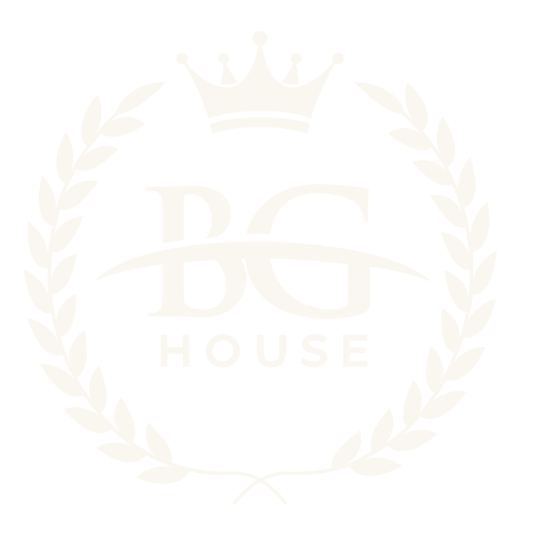 The Be Good House logo, BG inside laurel wreath with crown